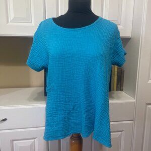 Women L/XL Blouse Shirt Top Blue Cotton Textured Lightweight Short Sleeve